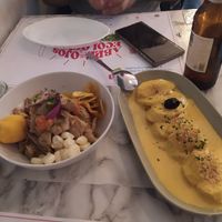 Ceviche de pollo vegano y patatas a la huancaina at Los Andenes Vegan in Madrid