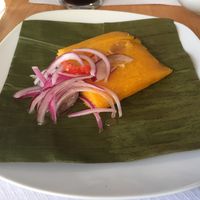 Tamal en hoja de plátano  at Los Andenes Vegan in Madrid