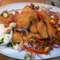 Fish flavored Peruvian dish  at Los Andenes Vegan in Madrid