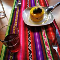 Causa limeña y chicha morada at Los Andenes Vegan in Madrid