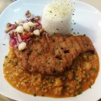 Carapulcra con chicharrones at Los Andenes Vegan in Madrid