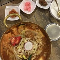 Jjampong: chewy noodles with crispy vegetables and tofu in a spicy broth.   at Daehwa Vegetarian in Central Singapore