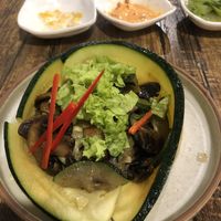 Yummy zucchini mushroom, worth the money. Vegan option available on request  at Daehwa Vegetarian in Central Singapore