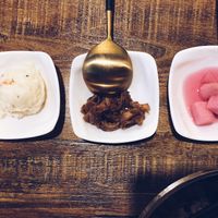 Banchan (potato apple salad, bulgolgi mushroom stems & pink pickled pear) at Daehwa Vegetarian in Central Singapore