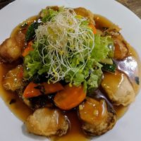 Sweet and sour crispy mushrooms (fantastic) at Daehwa Vegetarian in Central Singapore