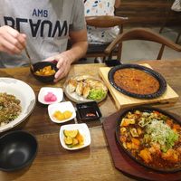 Kimchi pancakes, gyoza, fish something and noodles at Daehwa Vegetarian in Central Singapore