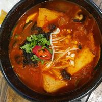 Soondubu Jjigae (my fav!)
A stew made with melt-in-your-mouth tofu, flavored with full fermented Kimchi and the addition of mushrooms adds an even deeper flavor to the soup base. at Daehwa Vegetarian in Central Singapore