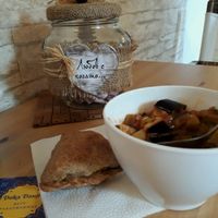 Eggplant curry and potatoes samosa! Was delicious! at Doka Dauji in Sofia