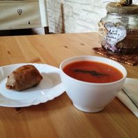 Vegan samosa with potatoes and pea, tomato soup at Doka Dauji in Sofia