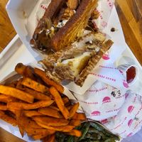 Tempeh reuben, green beans, sweet potato fries, B8, and B Mac at Beaut Burger in Tucson