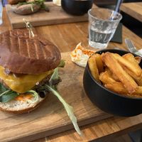 “Cheesy” Burger (delicious!)  at SOIL Vegan Cafe - West in Amsterdam