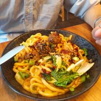 Noodles with meatballs at SOIL Vegan Cafe - West in Amsterdam