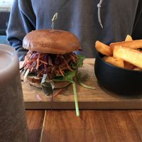 jackfruit burger with yuka fries  at SOIL Vegan Cafe - West in Amsterdam