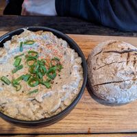 Aubergine dip. Unfortunately the bread was frozen still. at SOIL Vegan Cafe - West in Amsterdam