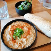 Starters (pimientos padrón and eggplant dip) at SOIL Vegan Cafe - West in Amsterdam