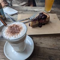 Pumpkin spiced latte, cheeze cake at SOIL Vegan Cafe - West in Amsterdam