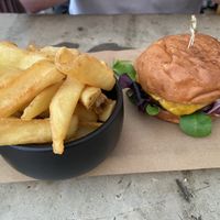 Cheezeburger with fries: very good at SOIL Vegan Cafe - West in Amsterdam