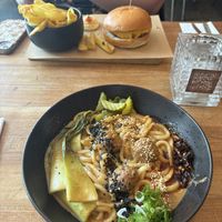 Ben Ben noodles and a (plain) cheezy burgerr  at SOIL Vegan Cafe - West in Amsterdam