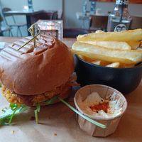 Crispy chicken burger and fries, wonderful fries at SOIL Vegan Cafe - West in Amsterdam