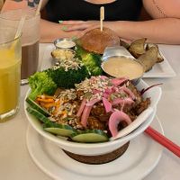 Okanamiyaki bowl with extra broccoli (to replace the bok Choy), and the vegan burger.  at Aux Vivres - Westmount in Montreal