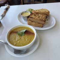 Lentil Dahl soup & cornbread   at Aux Vivres - Westmount in Montreal