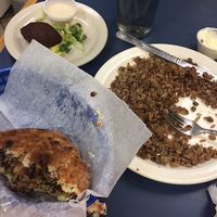 on right: rice and lentils. Pretty tasty, inexpensive at Layla's Falafel in Fairfield