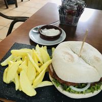 Falafel Burger with French fries and vegan mayo at Taberna do Farruco in A Coruna