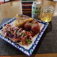 Vegan Spanish Omelette, Vegan meatballs, and salad at El Piano in Granada