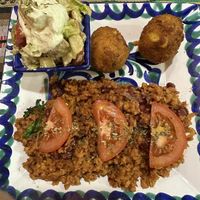 Chili, cheese balls(delish) and salad  at El Piano in Granada