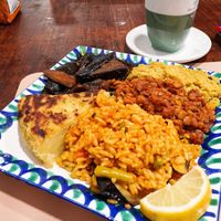 Tortilla, berenjenas, lentejas y arroz tipo paella at El Piano in Granada