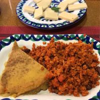 Quiche, chilli, spicy noodles and chickpea curry! at El Piano in Granada