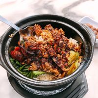 Close up shot of claypot rice at Green Signature - Century Square in East Singapore
