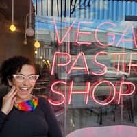 Me with the adorable sign out front. (You can sit outside!) #Veganuary at Gia Vegan Pastries in San Pedro