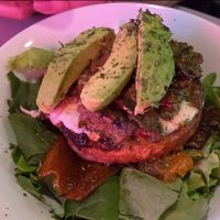 Burger, cashew cheese, local fakin’ bacon at Gia Vegan Pastries in San Pedro