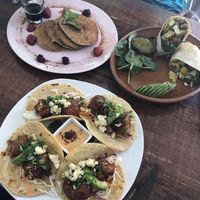 Hot cakes, breakfast burrito & cauliflower tacos  at Chaya & Cacao in Isla Mujeres