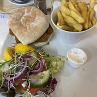Fishless finger bap, comes with fries and salad  #Veganuary at Finleys Cafe in Wareham