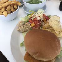 Fishless finger bap with salad and crisps at Finleys Cafe in Wareham