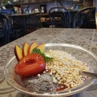 Chia pudding with yogurt and fruit at VG in Corsica