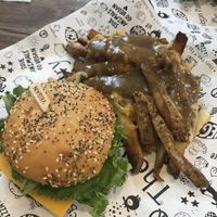 Big Pantry burger with side poutine  at The Vegan Pantry in Barrie