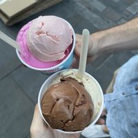 Dragonfruit banana, rhubarb ginger, dark chocolate sea salt, and biscoff honeycomb   at Udderlicious in London