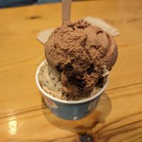 Scoop of brownie and scoop of hazelnut stracciatella at Udderlicious in London