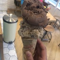 2 Regular scoops ice cream. Chocolate and honeycomb and hazelnut milk and stracciacela (vegan flaboured)  at Udderlicious in London
