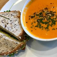 Soup and sandy  at Heirloom Vegetarian in West Vancouver