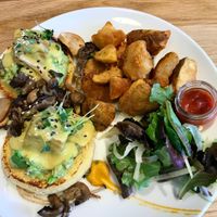 Smashed avo Benny with shrooms  at Heirloom Vegetarian in West Vancouver
