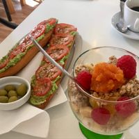 Soy yoghurt with fruit & musli, vegan toasts with avocado and tomato   at Bar Poxé in Mallorca