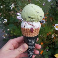 Vegan almond-based cherry and matcha with black sesame seeds  at La Muu in Tallinn