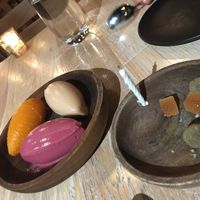 Pear, Concord grape, and sweet potato sorbet and some other little treats. at Vicia in St Louis