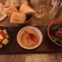 Tapas: patatas bravas (left), hummus with paprika (middle), superfood salad (right). at Lounges - Dorado Lounge in Warrington