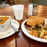 BBQ pulled jackfruit, coleslaw, pasta salad and carrot ginger bisque.  at Sealantro in Vero Beach