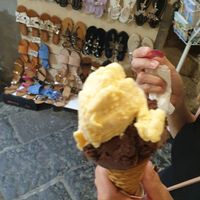 Vegan Chocolate (fondente) and Melon (melone) on a vegan + gf cone at Antica Gelateria in Sorrento